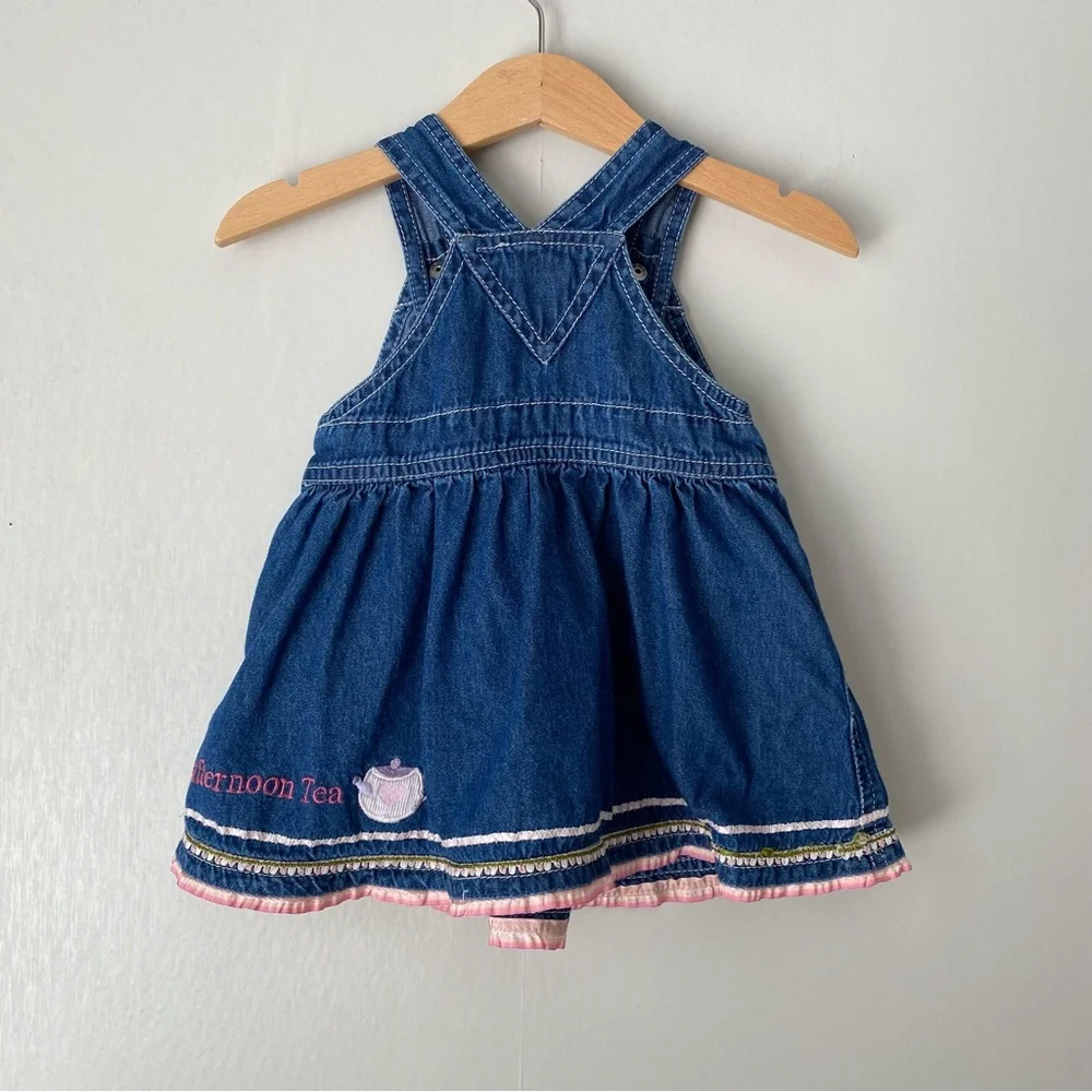 Vintage Y2K GAP Embroidered Tea Party Cotton Denim Overall Dress 0-3M
